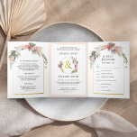 Convite Com Dobra Tripla Casamento Rustic Blush Floral Boho Pampas<br><div class="desc">Incêndio aos seus convidados com este elegante, tudo num convite de casamento com lindas flores de aquarela e tipografia moderna, com placa RSVP destacável. Basta adicionar os detalhes do seu evento neste modelo fácil de usar e adorar este cartão com as suas fotografias favoritas para o tornar um convite único....</div>