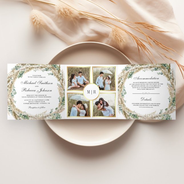 Convite Com Dobra Tripla Casamento Rustic Boho Pampas Eucalyptus Wreath (Criador carregado)