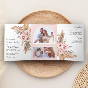 Convite Com Dobra Tripla Casamento Rustic Boho Pampas Grass Dusty Roses Ros