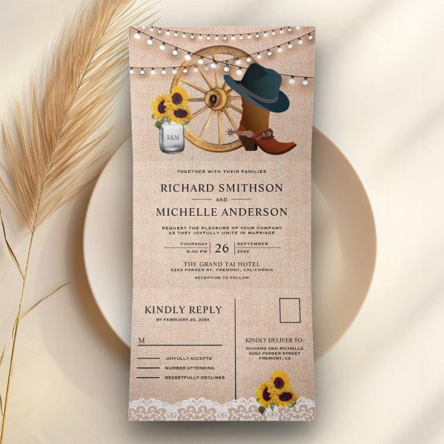 Convite Com Dobra Tripla Casamento Rustic Burlap Sunflower Cowboy Western (Criador carregado)