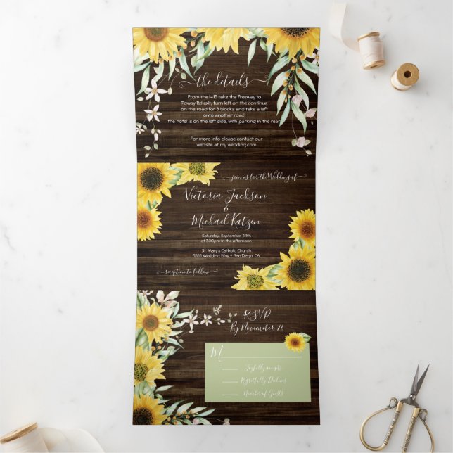 Convite Com Dobra Tripla Casamento Rustic Country Sunflower (Dentro)