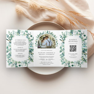 Convite Com Dobra Tripla Casamento Rustic Eucalyptus Photo All in One QR Co