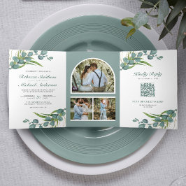 Convite Com Dobra Tripla Casamento Rustic Eucalyptus Photo Collage Código Q