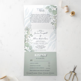 Convite Com Dobra Tripla Casamento Rustic Eucalyptus Sage Green Watercolor
