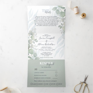 Convite Com Dobra Tripla Casamento Rustic Eucalyptus Sage Green Watercolor