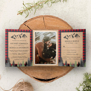 Convite Com Dobra Tripla Casamento Rustic Kraft Red Buffalo Xadrez Mountain