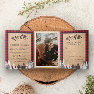 Convite Com Dobra Tripla Casamento Rustic Kraft Red Buffalo Xadrez Mountain