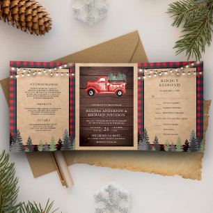 Convite Com Dobra Tripla Casamento Rustic Kraft Vintage Red Christmas Truck