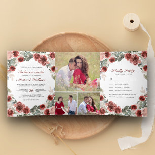 Convite Com Dobra Tripla Casamento Rustic Marsala Floral Bloom Collage