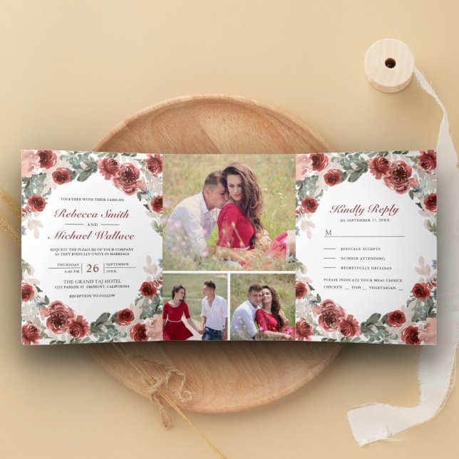 Convite Com Dobra Tripla Casamento Rustic Marsala Floral Bloom Collage (Criador carregado)