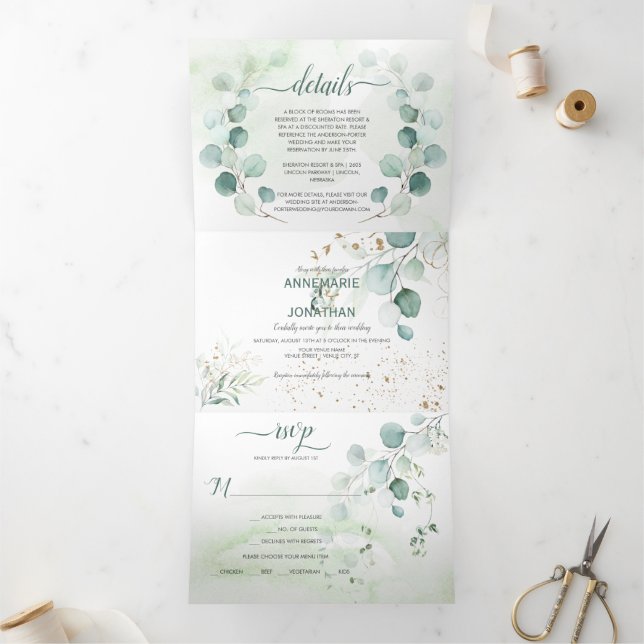 Convite Com Dobra Tripla Casamento Rustic Sage & Dourado Eucalyptus Botanic (Dentro)