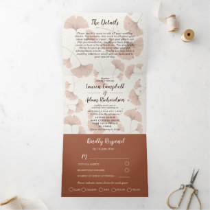 Convite Com Dobra Tripla Casamento Rustic Terracotta Ginkgo Foliage