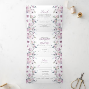 Convite Com Dobra Tripla Casamento Rustic Violet & Pink Watercolor Rosas