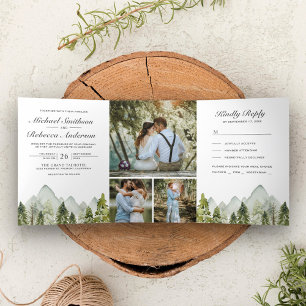 Convite Com Dobra Tripla Casamento Rustic Watercolor Mountain Pine Trees