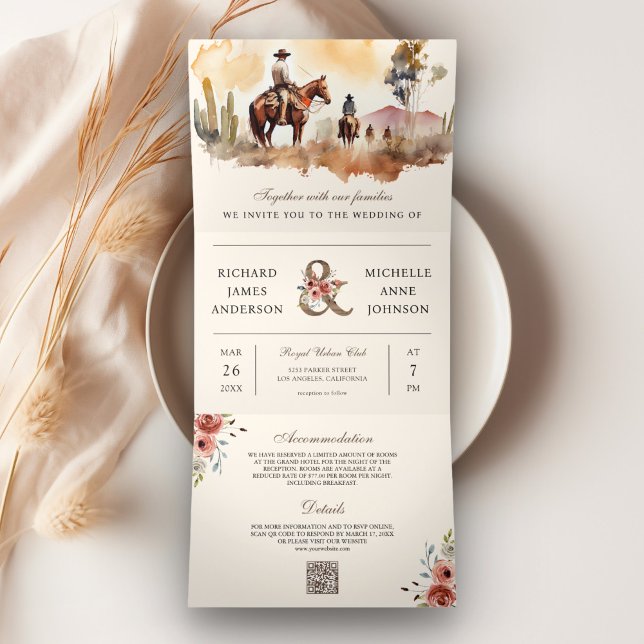 Convite Com Dobra Tripla Casamento Rustic Western Cowboy All in One QR Code (Criador carregado)