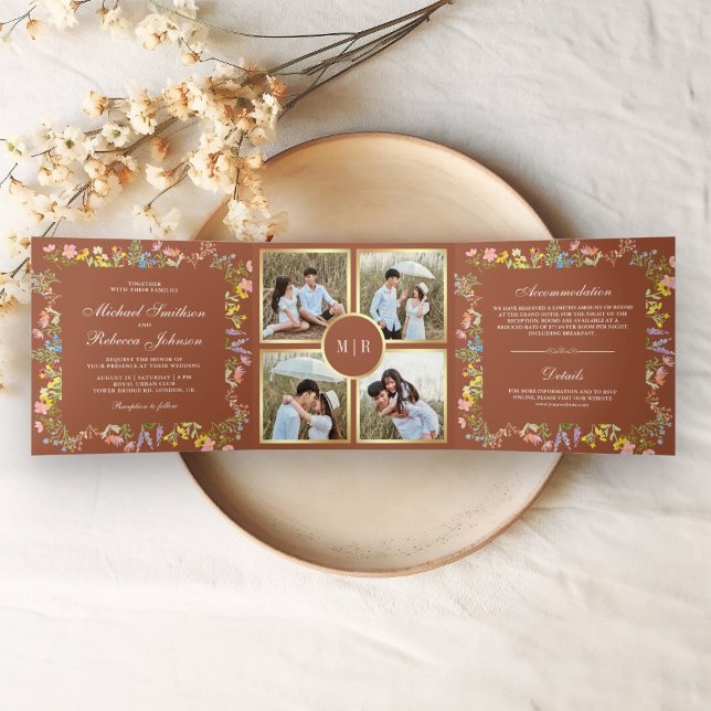 Convite Com Dobra Tripla Casamento Rustic Wildflower Photo Collage Terracot (Criador carregado)