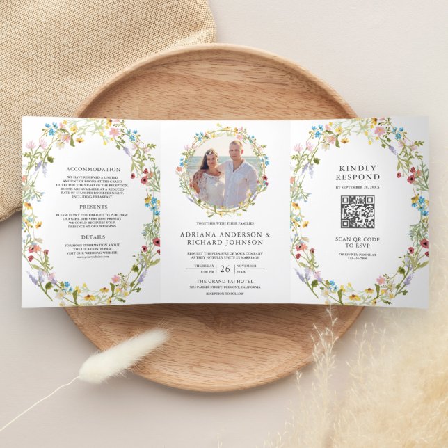 Convite Com Dobra Tripla Casamento Rústico Boho com Código QR de Foto de Fl (Criador carregado)