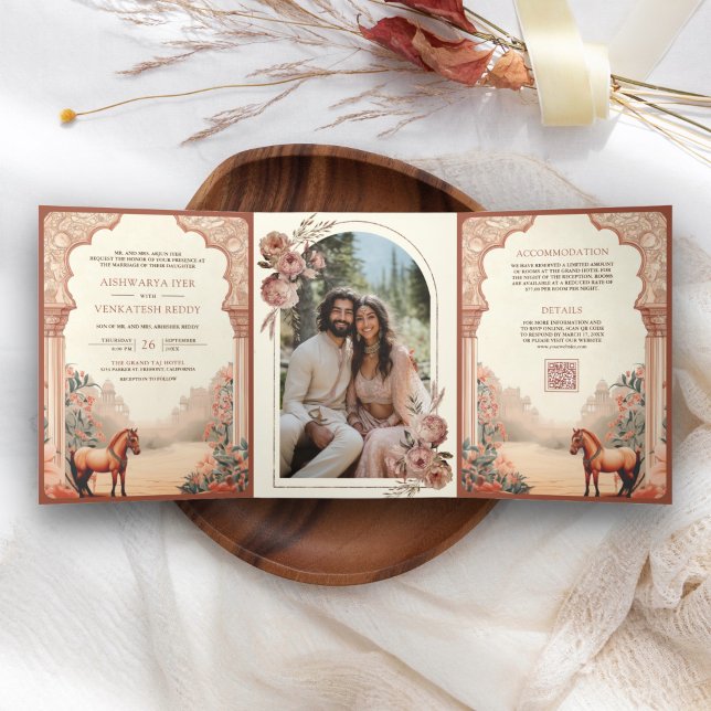 Convite Com Dobra Tripla Casamento Rústico Boho Floral Indiano Cavalo (Criador carregado)