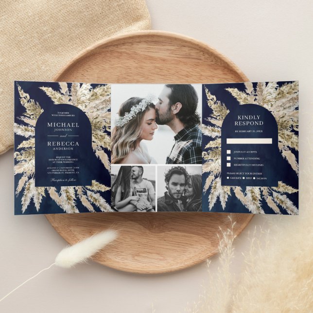 Convite Com Dobra Tripla Casamento Rústico Boho Grama das Pampas Arco Azul  (Criador carregado)