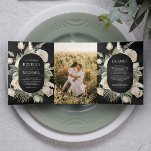 Convite Com Dobra Tripla Casamento Rústico Boho Rosas Marfim Verde Salvia P