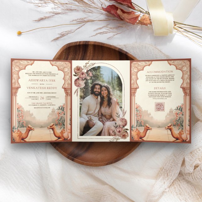 Convite Com Dobra Tripla Casamento Rústico Boho Terroso Floral Indiano Came (Criador carregado)