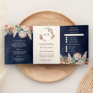 Convite Com Dobra Tripla Casamento Rústico Boho Terroso Floral Pampas Azul