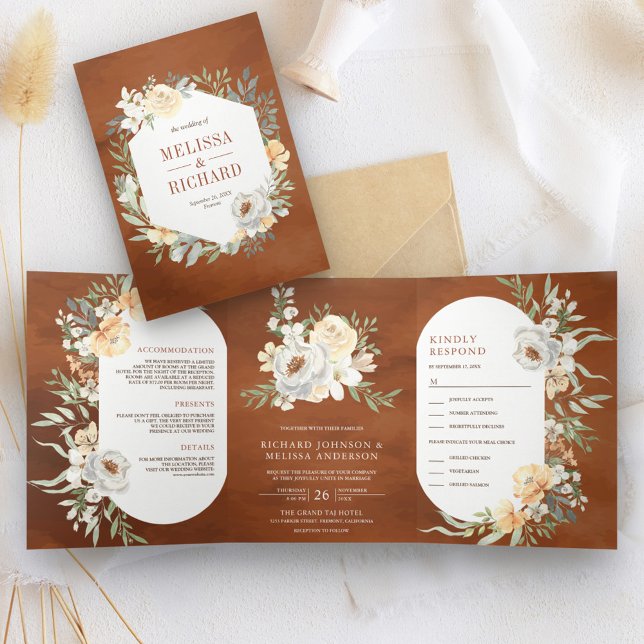 Convite Com Dobra Tripla Casamento Rústico Boho Terroso Floral Pêssego Terr (Criador carregado)