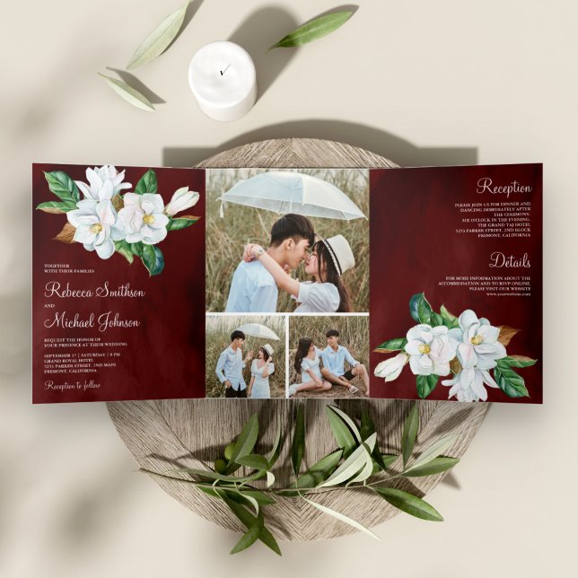 Convite Com Dobra Tripla Casamento Rústico Branco Magnólia Floral Borgonha (Criador carregado)