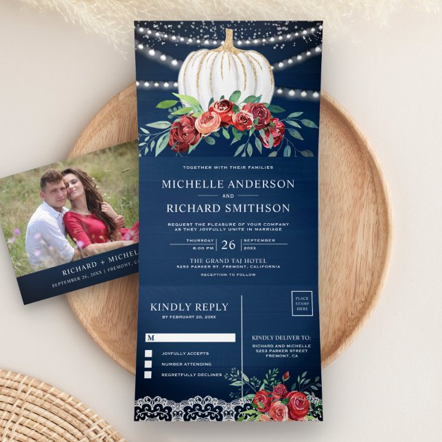 Convite Com Dobra Tripla Casamento Rustico Burgundy Floral Branco Abóbora A (Criador carregado)