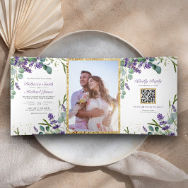 Convite Com Dobra Tripla Casamento Rústico com Código QR de Foto de Lavanda