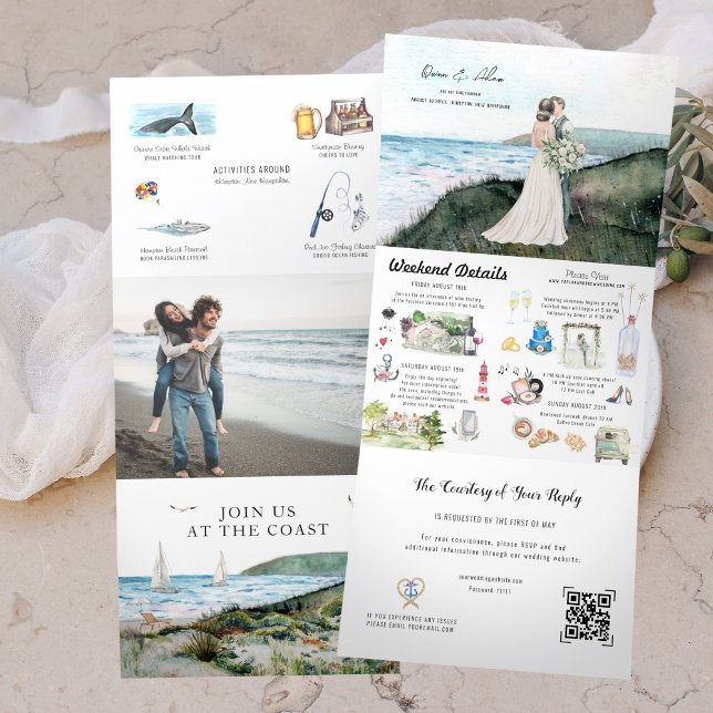 Convite Com Dobra Tripla Casamento Rústico Costeiro à Beira-Mar Oceano (Criador carregado)