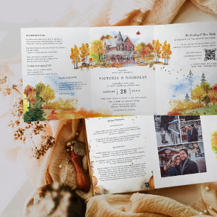 Convite Com Dobra Tripla Casamento Rústico de Outono em Casa de Campo