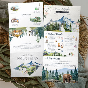 Convite Com Dobra Tripla Casamento Rústico na Montanha Ilustrado