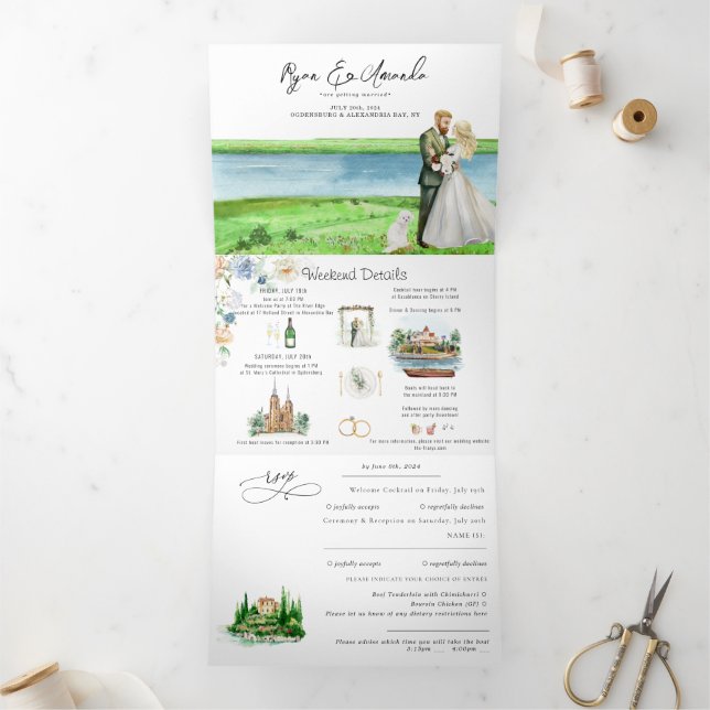 Convite Com Dobra Tripla Casamento Rústico no Rio Alexandria Bay (Dentro)