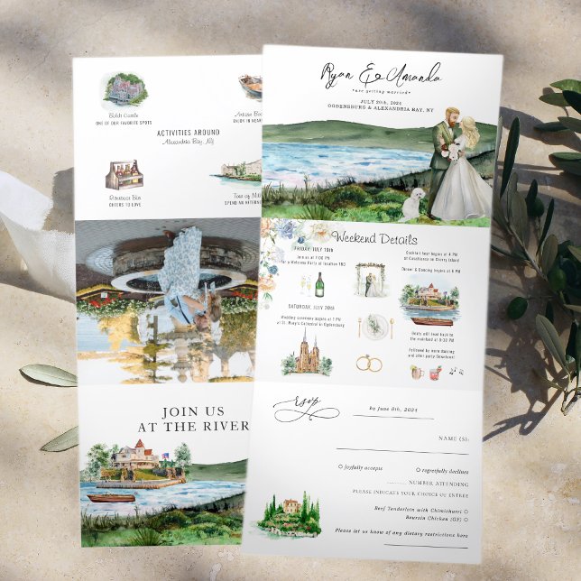 Convite Com Dobra Tripla Casamento Rústico no Rio Alexandria Bay (Criador carregado)