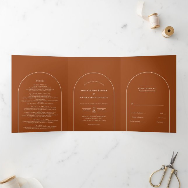 Convite Com Dobra Tripla Casamento Simple Boho Arch Terracotta (Dentro)