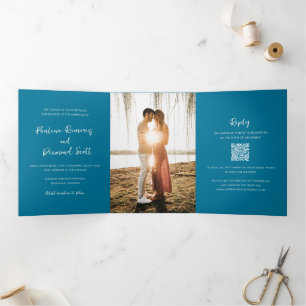 Convite Com Dobra Tripla Casamento Simples Código QR Azul Moderno