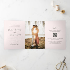 Convite Com Dobra Tripla Casamento Simples Código QR Rosa Moderno