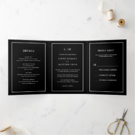 Convite Com Dobra Tripla Casamento Simples do Monograma Negro Moderno Elega