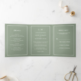 Convite Com Dobra Tripla Casamento Simples do Monograma Verde do Elegante S
