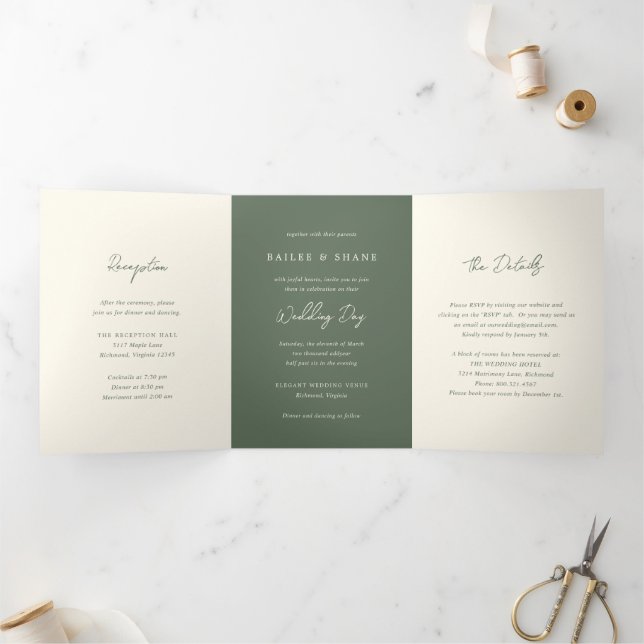 Convite Com Dobra Tripla Casamento Simples Moderno em Verde Oliva (Dentro)