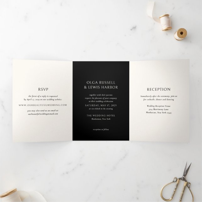 Convite Com Dobra Tripla Casamento Simples Moderno Preto (Dentro)