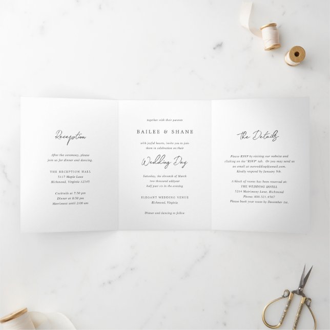 Convite Com Dobra Tripla Casamento Simples Moderno Preto e Branco (Dentro)