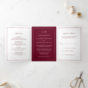Convite Com Dobra Tripla Casamento Simples Monograma Elegante Burgundy