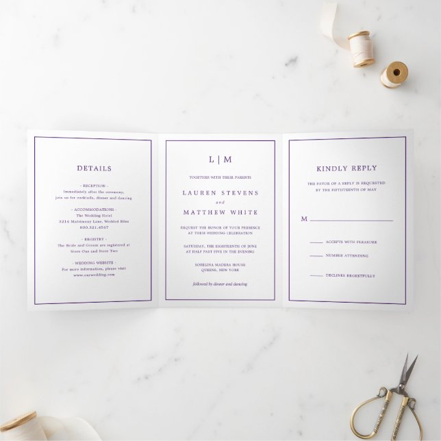 Convite Com Dobra Tripla Casamento Simples Monograma Roxo Elegante (Dentro)