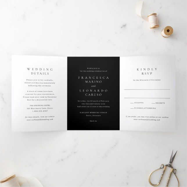 Convite Com Dobra Tripla Casamento Simples Preto Clássico (Dentro)