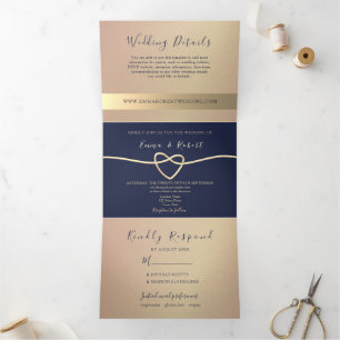 Convite Com Dobra Tripla Casamento Sofisticado em Dourado Rosa e Azul Marin