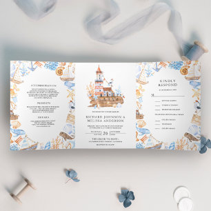 Convite Com Dobra Tripla Casamento Tema Náutico Farol Aquarela