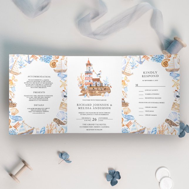 Convite Com Dobra Tripla Casamento Tema Náutico Farol Aquarela (Criador carregado)