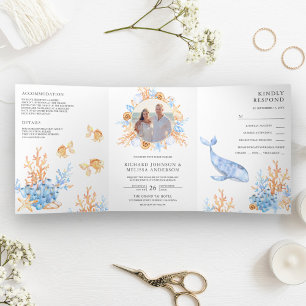 Convite Com Dobra Tripla Casamento Temático Náutico com Aquarela Submarina